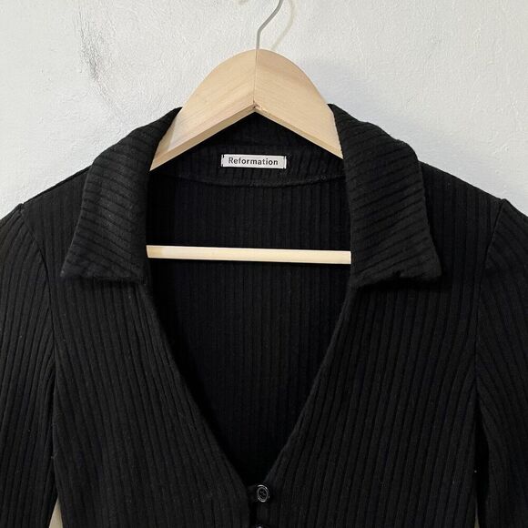 Reformation Collared Ribbed Spencer Top Size S Black Cropped Retro Button Front - Picture 3 of 6